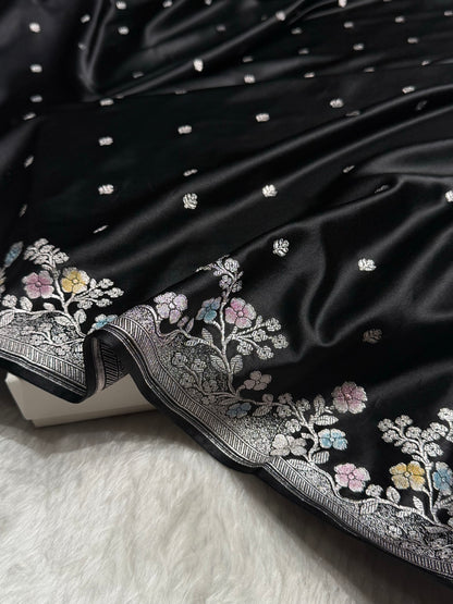 Black Shades Minakari Floral Border Booti Mashru Silk Saree MS75