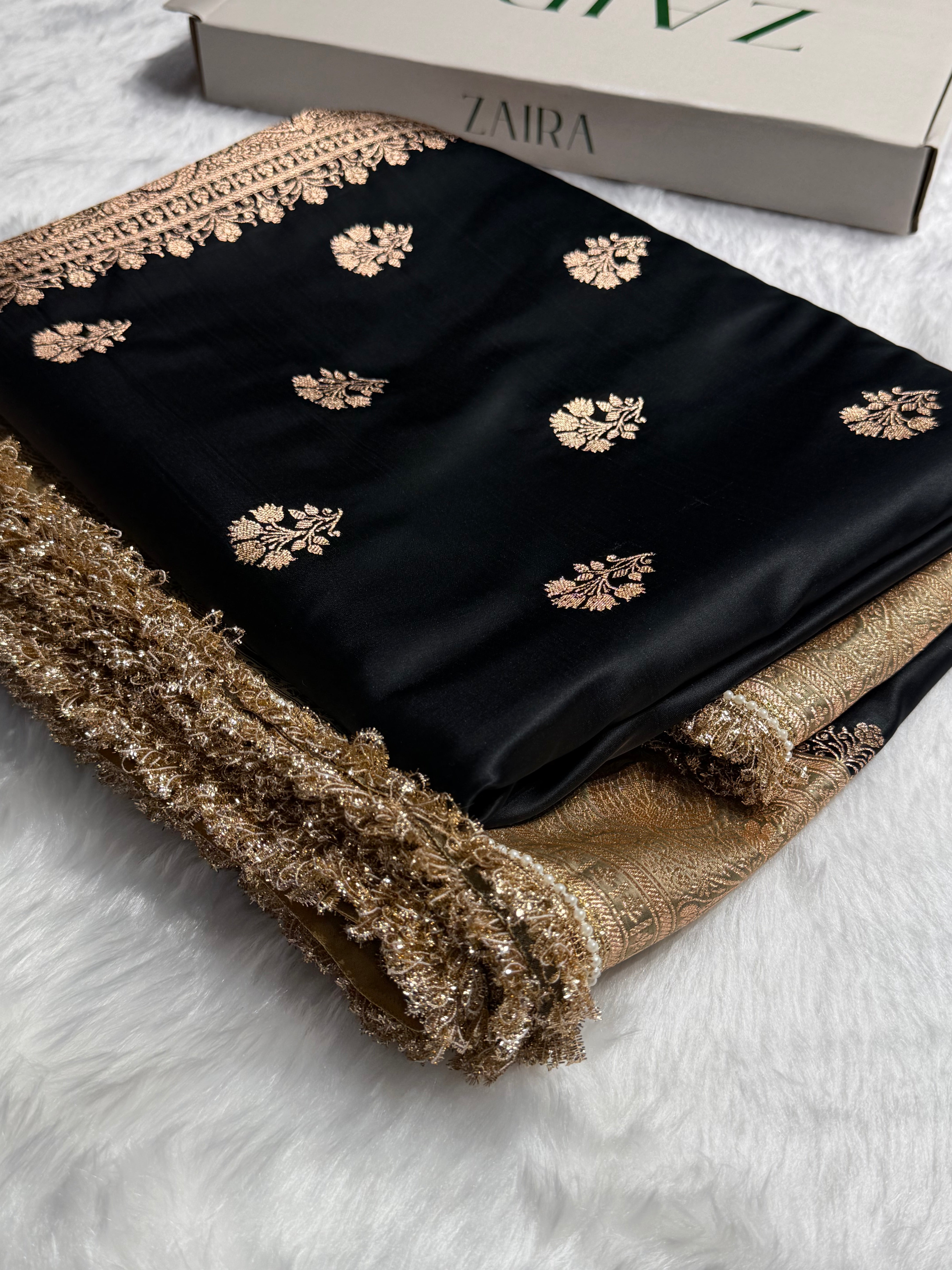 Black - Cream With Gotta Patti Banarasi Boota Katan Silk Saree SKMGP29