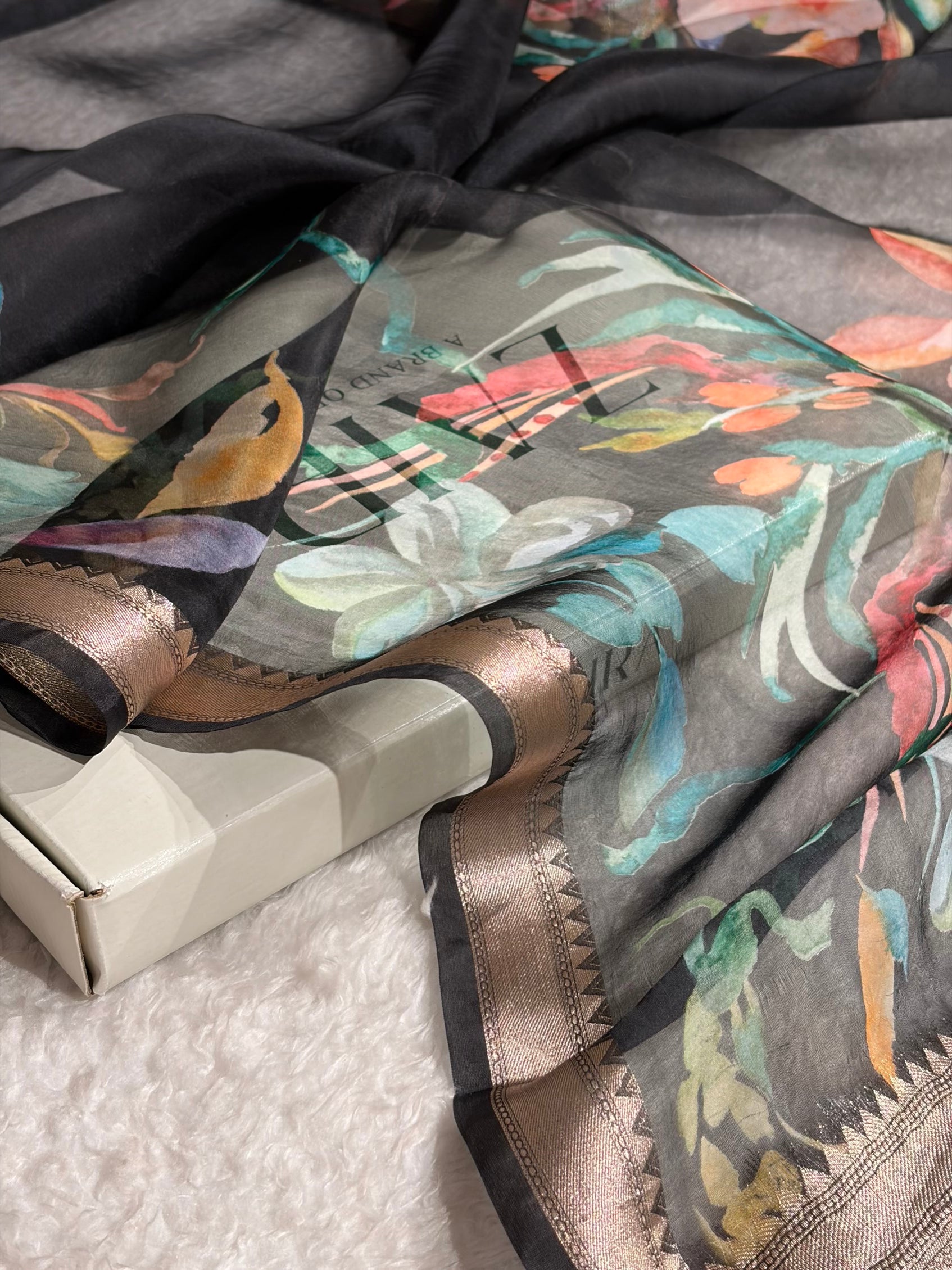 Organza with Pastel Multicolor Florals & Gold Zari Border POP17