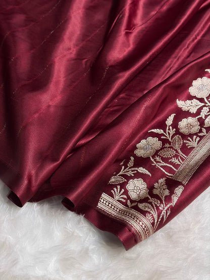 Garnet Boota With Floral Border Mashru Silk Saree MSM-87