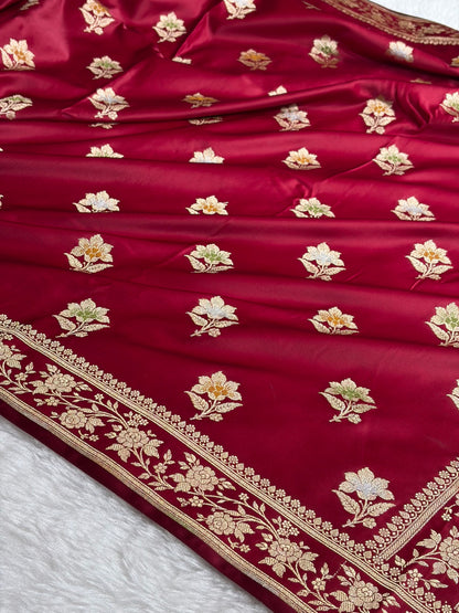 Premium Banarasi Satin Katan Saree With Minakari Boota in Maroon Shades SK112