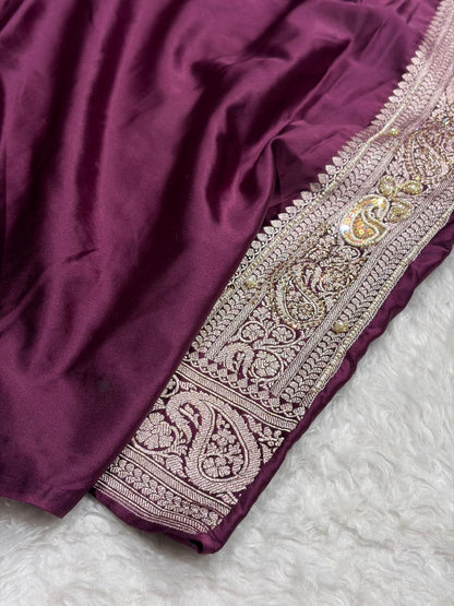 Wine Shades Plain Banarasi With Minakari Ari Zardozi Work Floral Border Mashru Silk Saree BMCS04