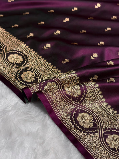 Wine Booti Pattern Satin Katan Silk Saree SK54