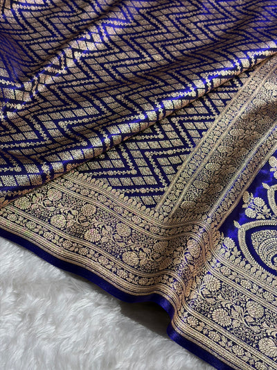 Royal Blue Shades Jaal Pattern Banarasi Satin Silk Saree SS56