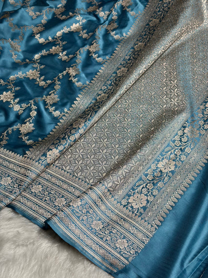 Sky Blue Shades Jaal Pattern Floral Jaal Mashru Silk Saree MS07