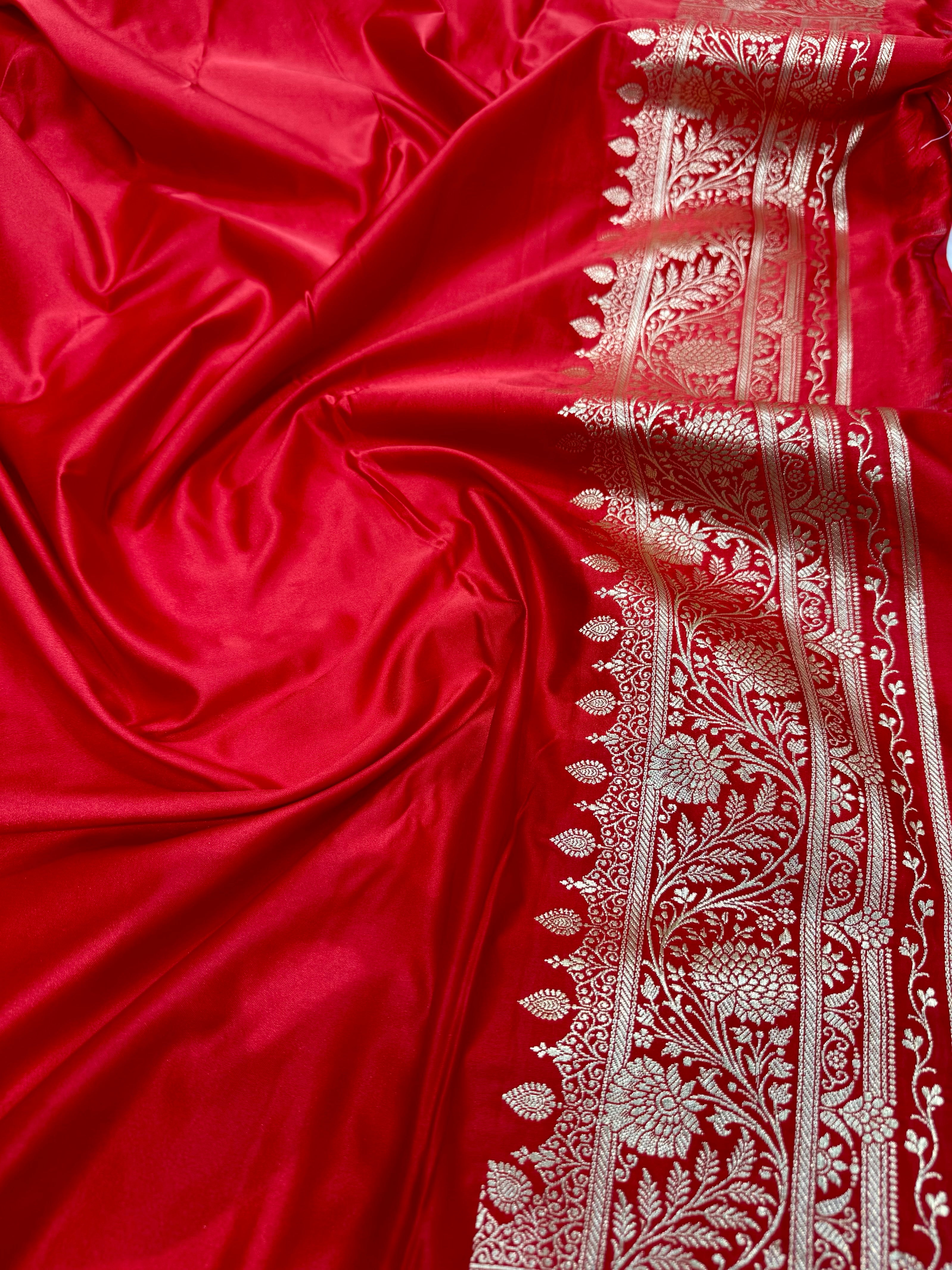 Bridal Red Shades Floral Boota Satin Katan Silk saree SK32