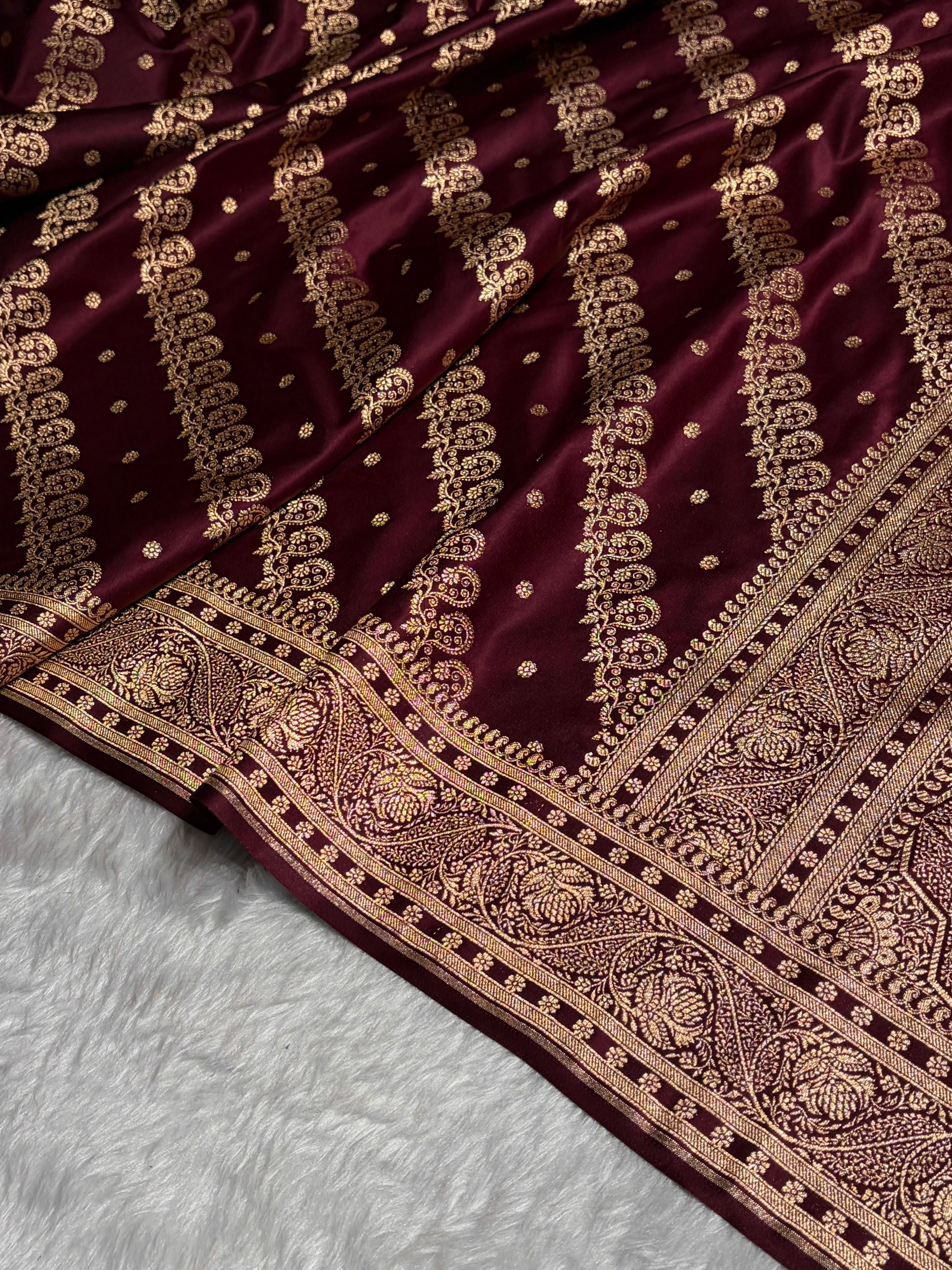 Garnet Shades Cross Floral Pattern Satin Katan Silk Saree SK79