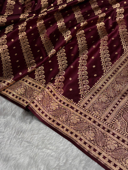 Garnet Shades Cross Floral Pattern Satin Katan Silk Saree SK79