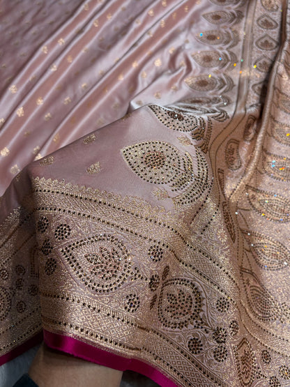 Rose Gold Swarovski Work Booti Satin Katan Silk Saree BSK10 (W)
