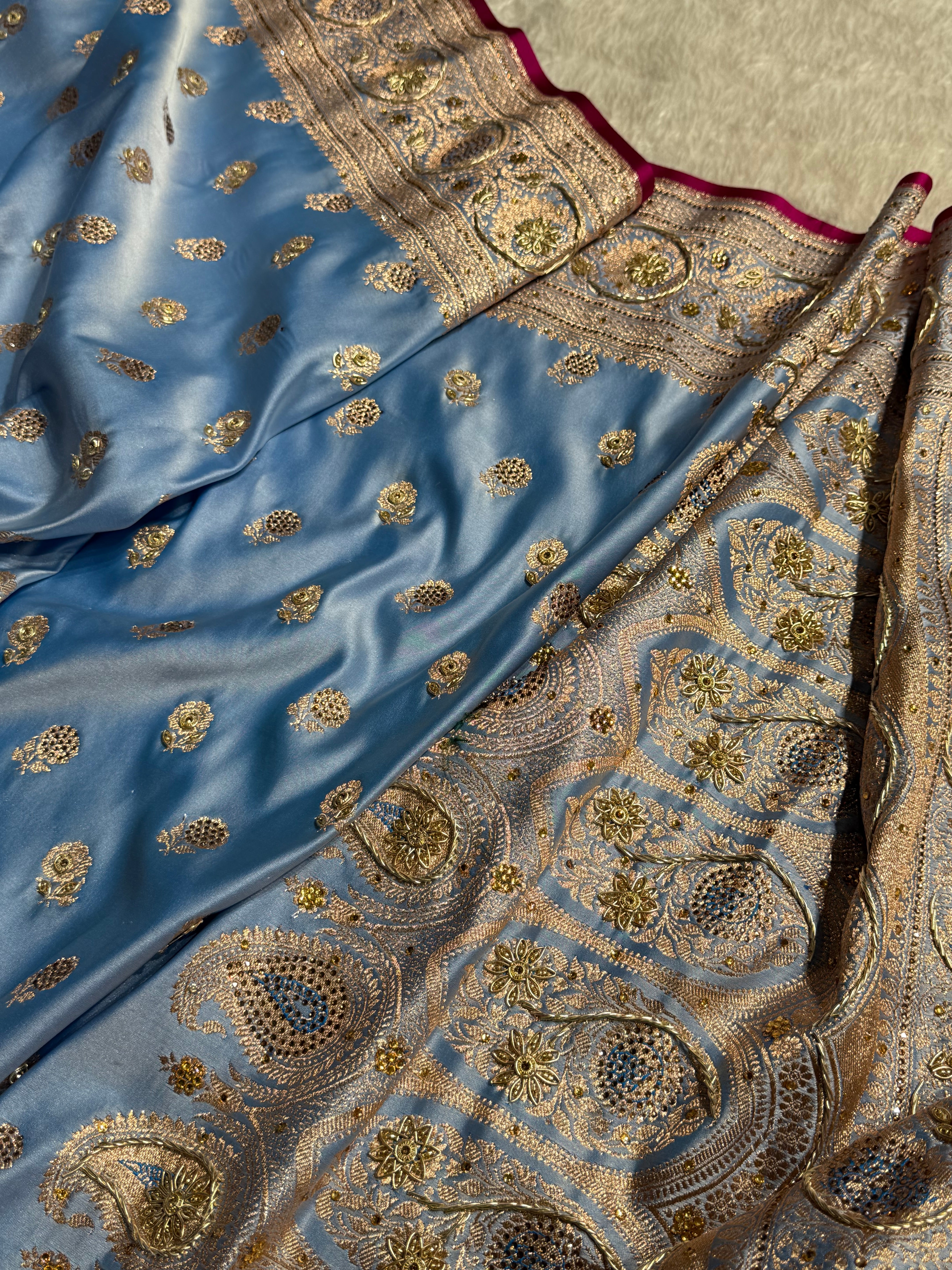 Powder Blue Shades Booti Katan Silk Saree with Stone & Zardozi Work BSK12