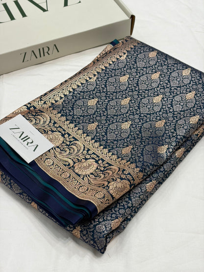 German Blue Shade With Tanchoi Brocade Pattern Katan Silk Saree