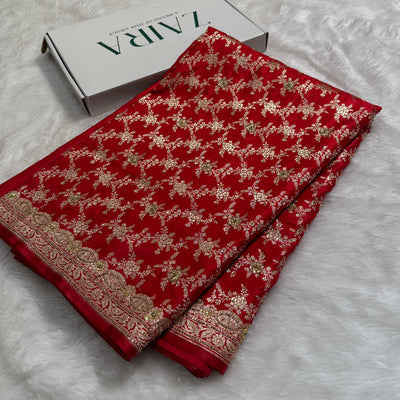 Bridal Red Jaal with Ari and Stone with brocade Blouse