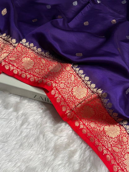 Contrast Purple With Red Boota Handwoven Pure Katan Raw Mango Silk RM-33