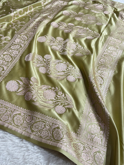 Pista Shades Banarasi With Floral Jaal Pattern Mashru Silk Saree MSM-134