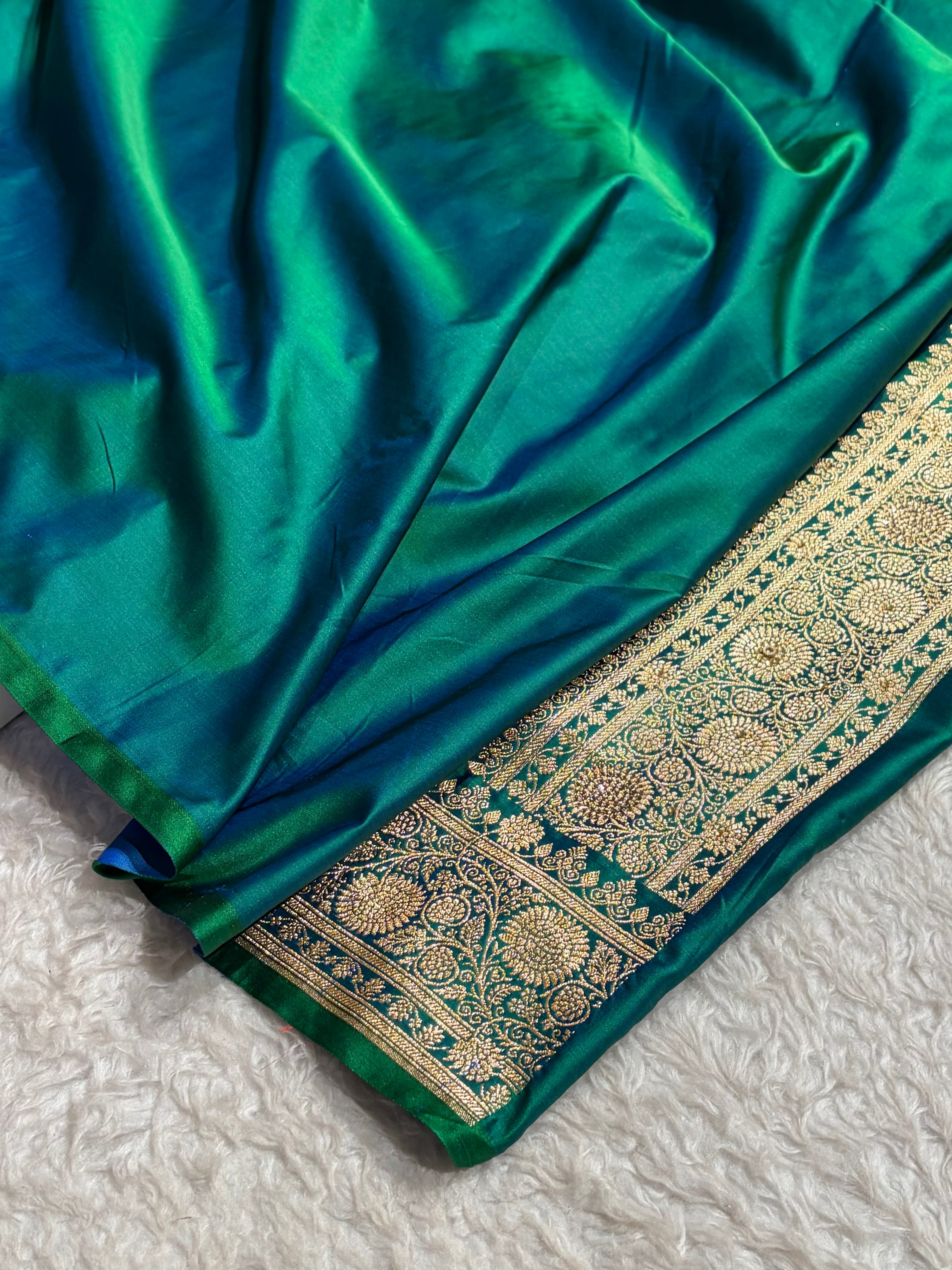 Banarasi Bridal Cross Green Work Pattern Satin Katan Silk Saree BSK82