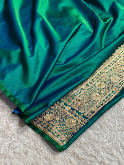 Banarasi Bridal Cross Green Work Pattern Satin Katan Silk Saree BSK82
