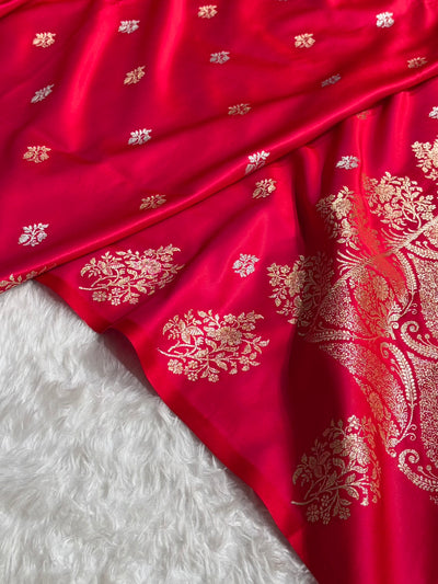 Cross Red Shades Banarasi With Floral Border Mashru Silk Saree MSM-126