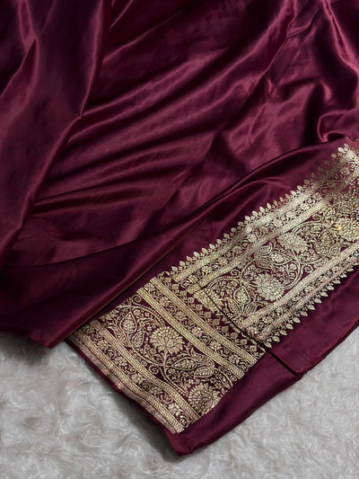Banarasi Chocolate Booti Pattern With Ari Zardozi Stone Work Satin Katan Silk Saree BSK53