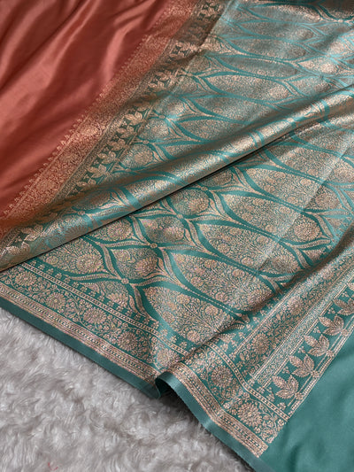 Banarasi Satin Katan Saree in Contrast Dusty Peach and Turquoise Shades SK131
