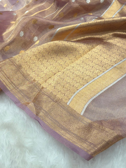 Pinkish Tusser Bananasi Floral Shades Pure Tissue Silk Saree PT-47