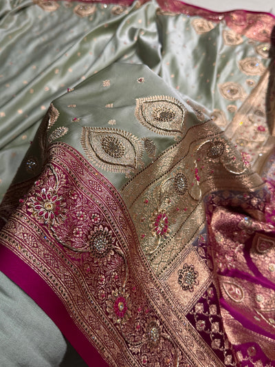 Mehandi Wine Contrast Booti With Ari & Zardozi Work Satin Katan Silk saree BSK29