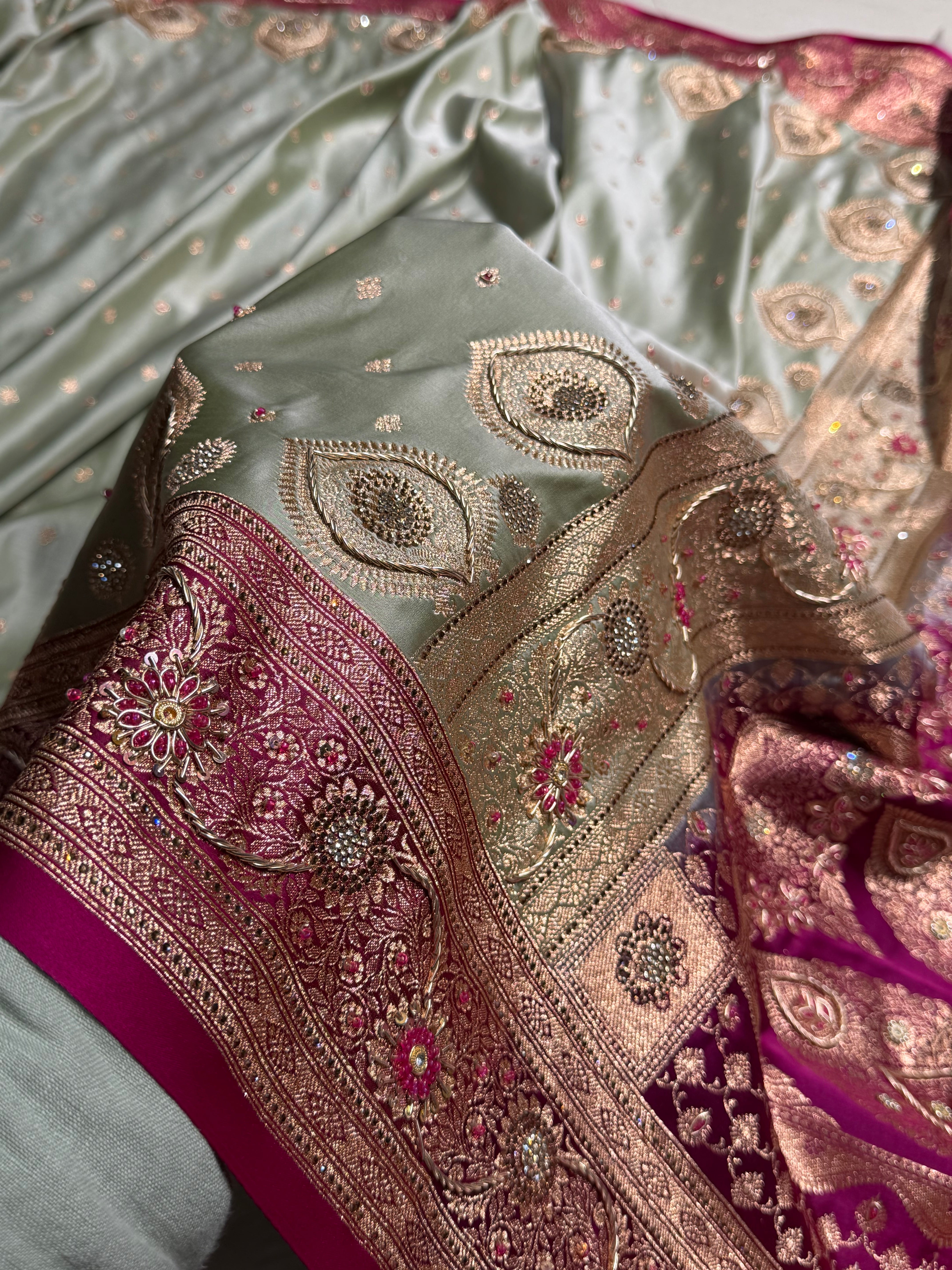 Mehandi Wine Contrast Booti With Ari & Zardozi Work Satin Katan Silk saree BSK29