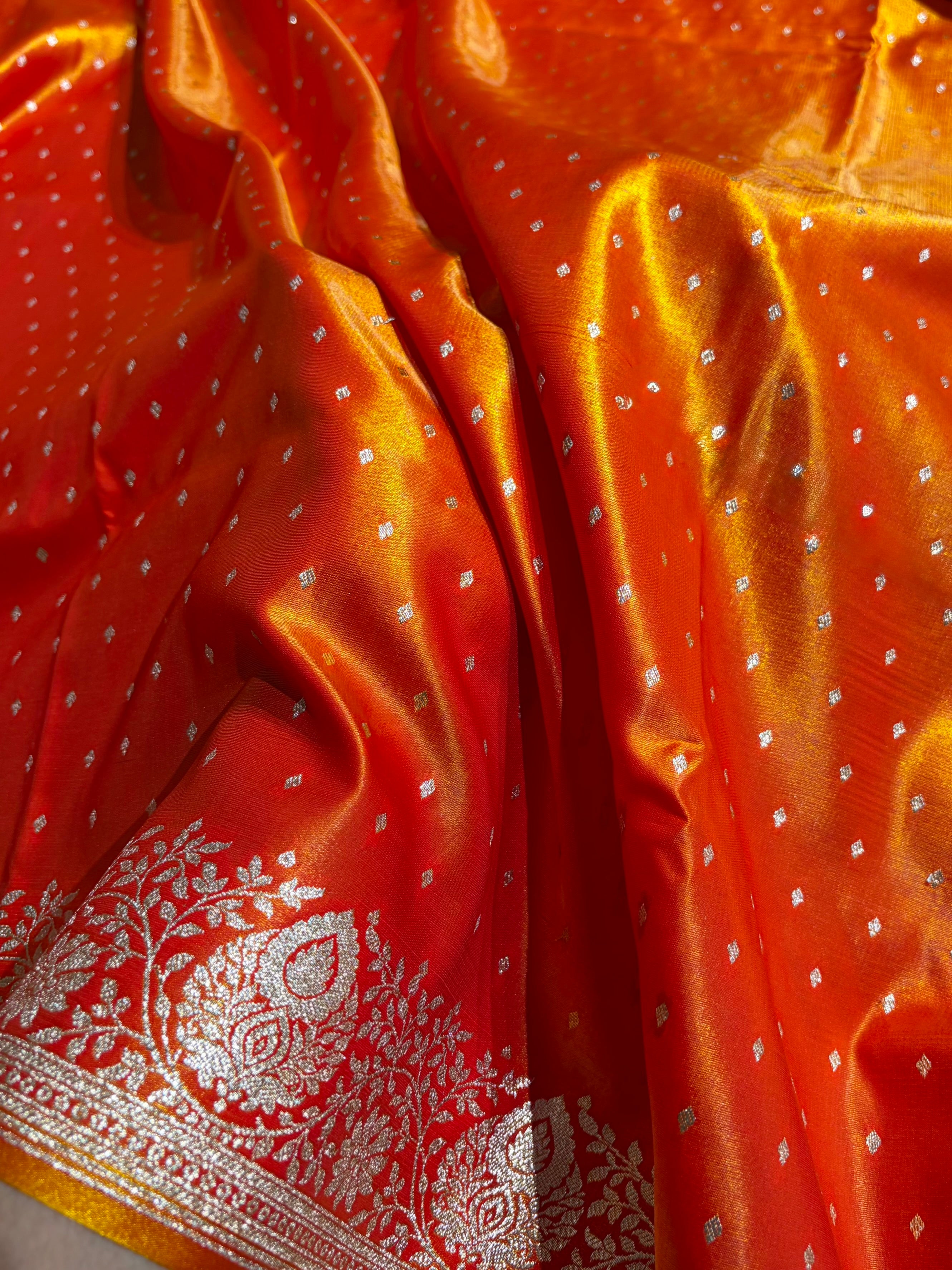 Satin Silk Saree Floral Boota in Firs Gold Shades SS28