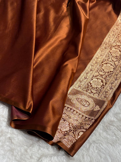 Banarasi Satin Katan Saree Floral Boota Pattern in Coffee Brown Shades SK146
