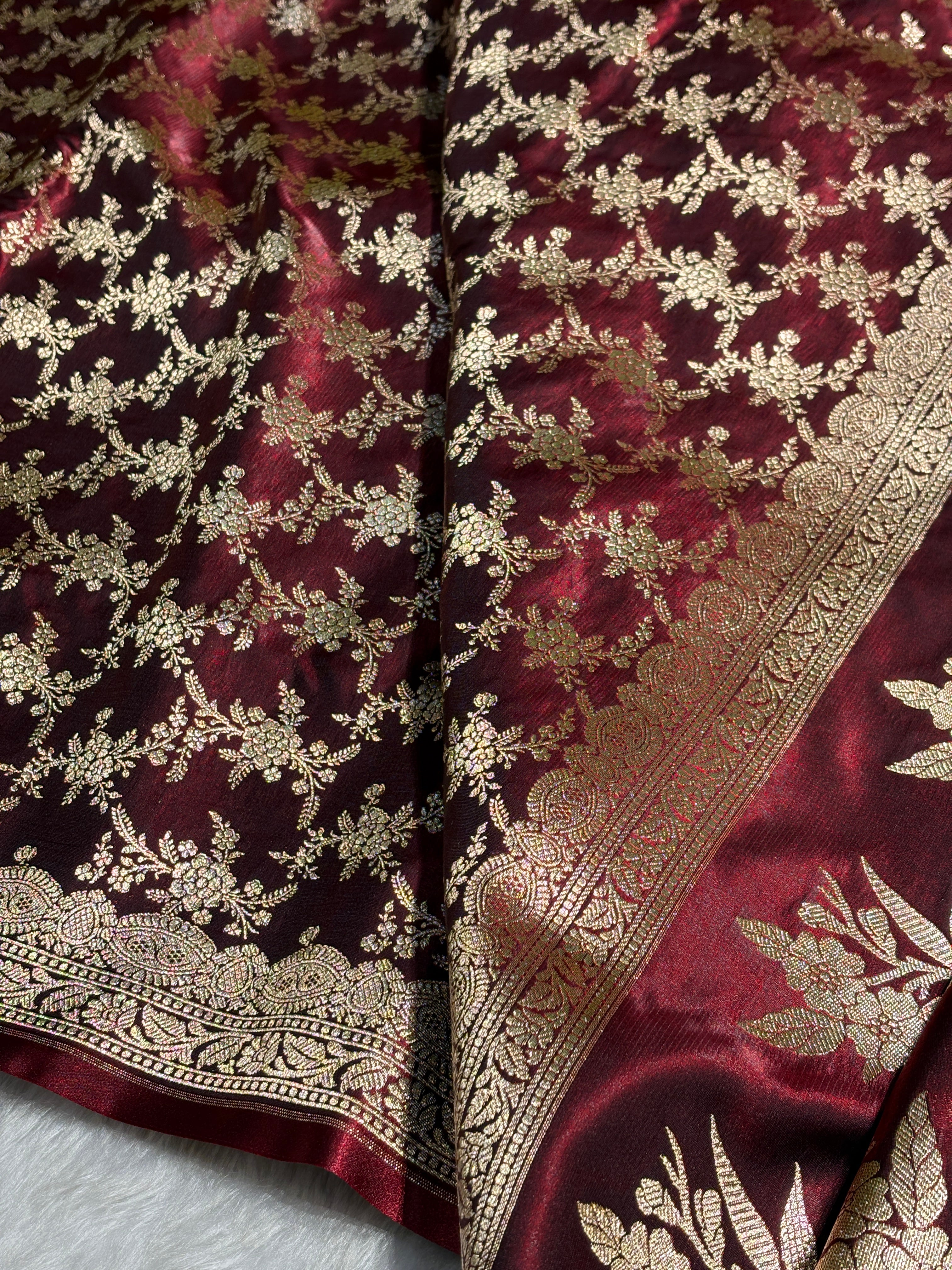 Light Wight Satin Silk Jaal in Garnet Shades with brocade Blouse SS16