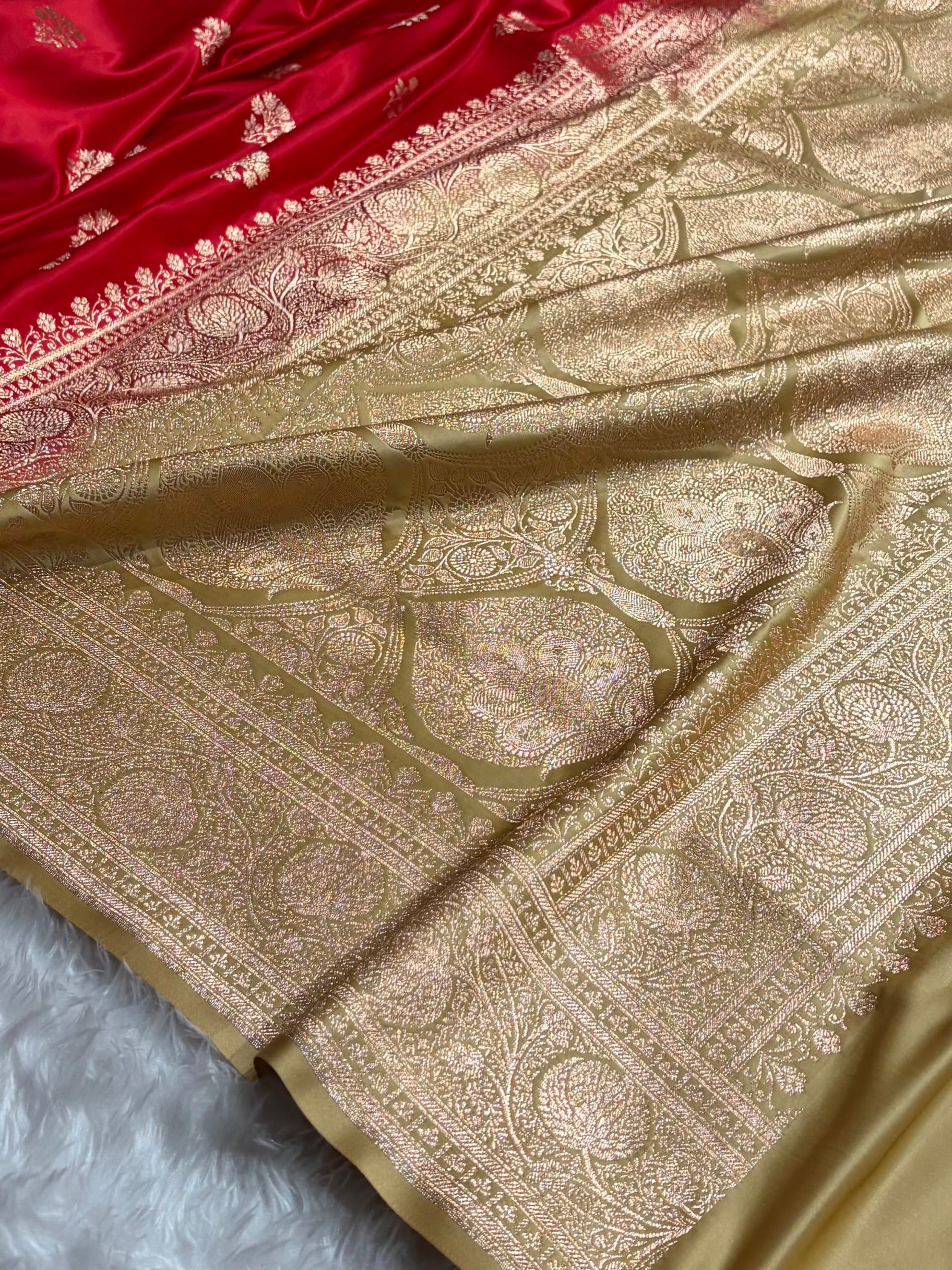 Red  - Cream Banarasi Boota Katan Silk Saree SKM29