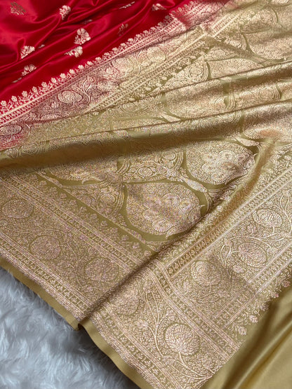 Red  - Cream Banarasi Boota Katan Silk Saree SKM29