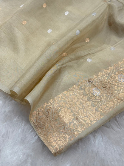Banarasi Chocolate With Cream Contrast Shades  Boota Handwoven Pure Katan Paper Silk RM-76