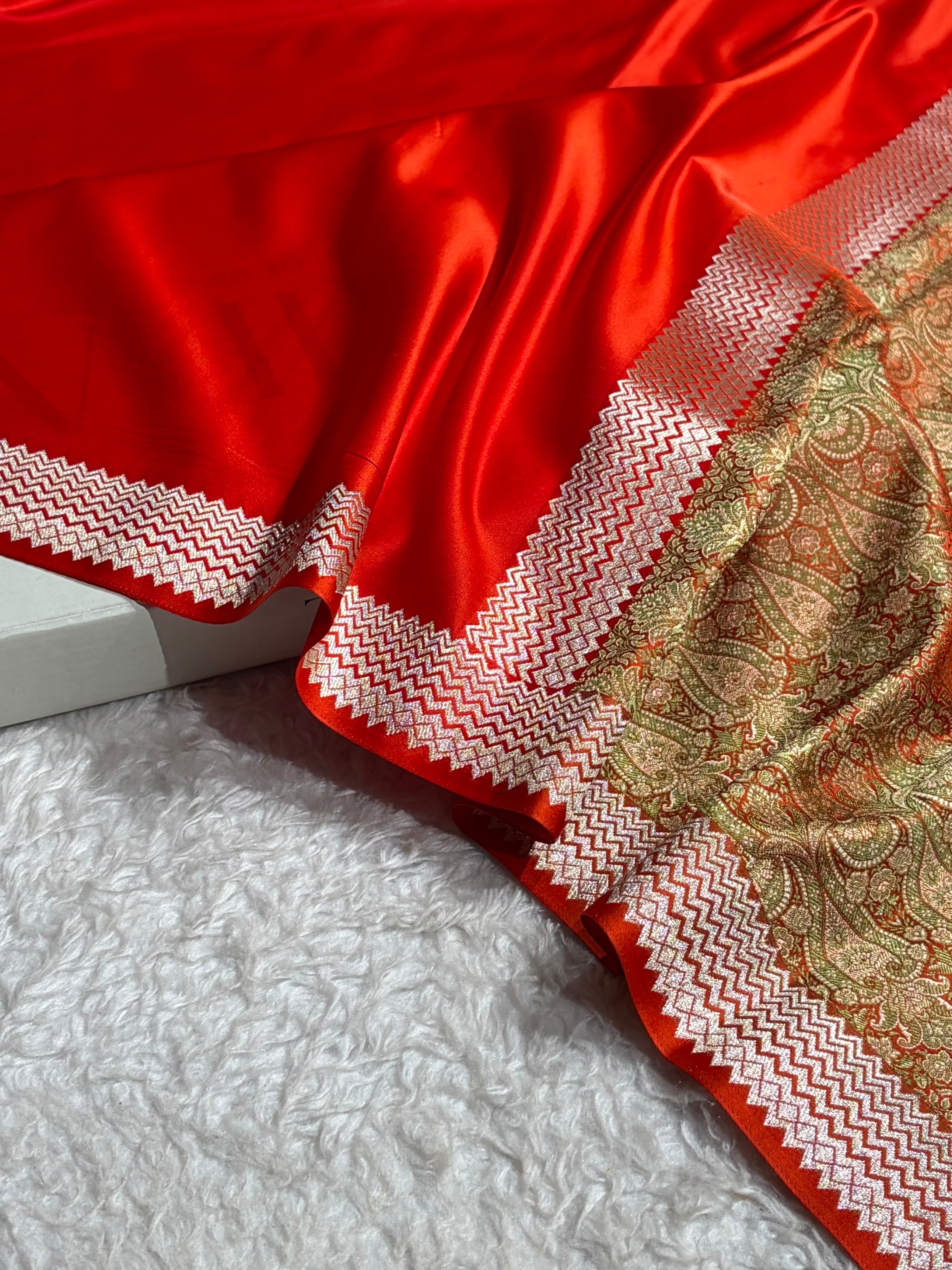 Premium Banarasi Satin Katan Saree Plain With Tanchoi Blouse in Orange Shades SK129