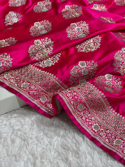 Premium Birdal Banarasi Satin Katan Saree With Swarovski Ari & Zardozi Work Minakari Boota in Rani Shades BSK93