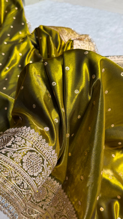 Satin Silk Dot Booti in Mehandi Shades with Swarovski work BSSGP08