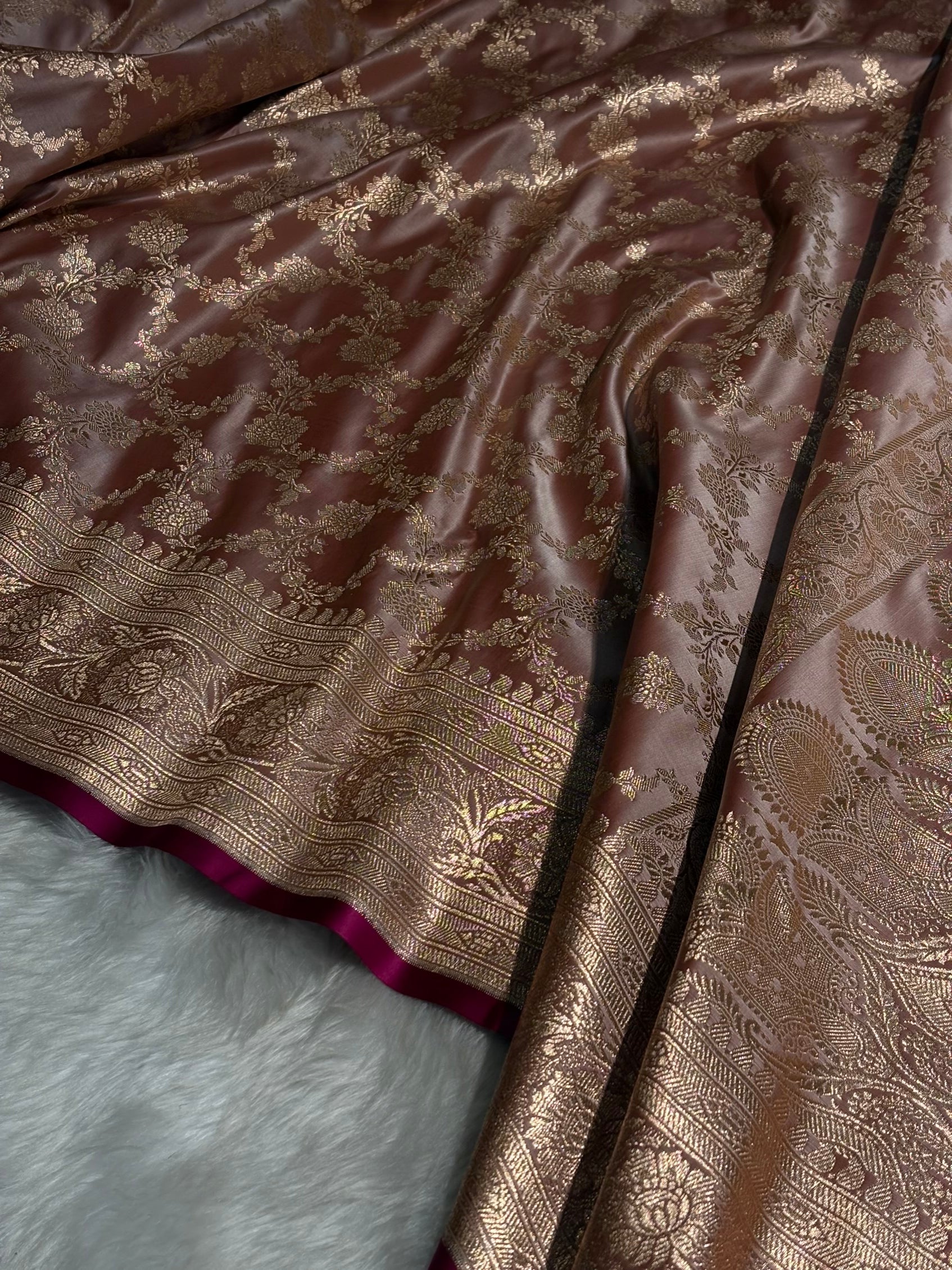 Dusty Peach Jaal Pattern Satin Katan Silk Saree SK25