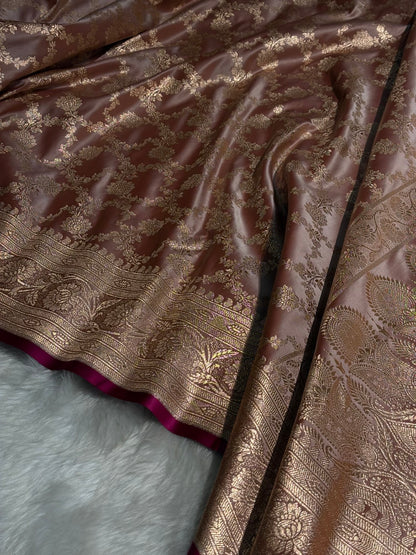 Dusty Peach Jaal Pattern Satin Katan Silk Saree SK25