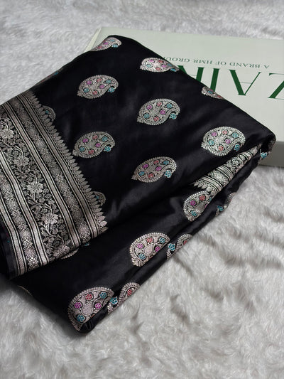 Black With Bananasi Minakari Boota Mashru Silk Saree MCS81