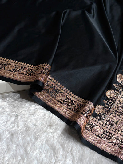 Banarasi Satin Katan Saree Floral Booti Pattern in Black Shades SK150