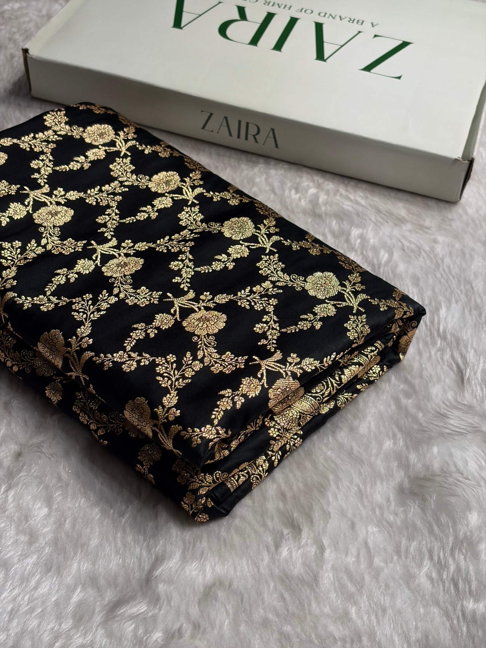 Black Shades Jaal Floral Pattern Satin Katan Silk Saree SK80