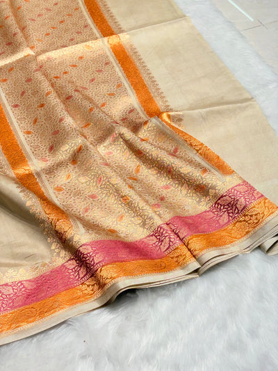 Tusser Shades Contrast Border Meena Boota Handwoven Pure Katan Paper Silk RM-36