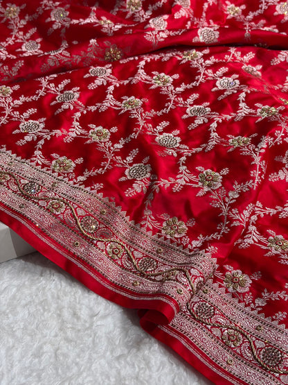 Bridal Red Mashru Silk with Bananasi Ari and swarovski work BMS28