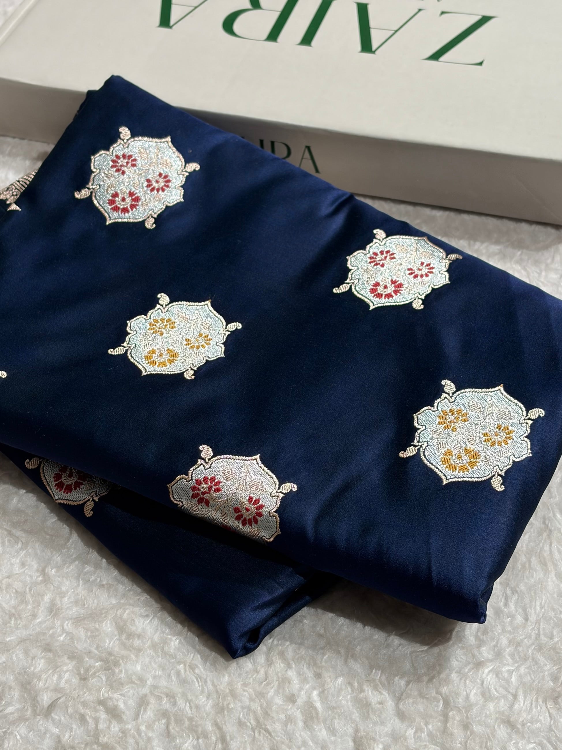 Premium Banarasi Satin Katan Saree Minakari Booti Pattern in Navy Blue Shades SK138