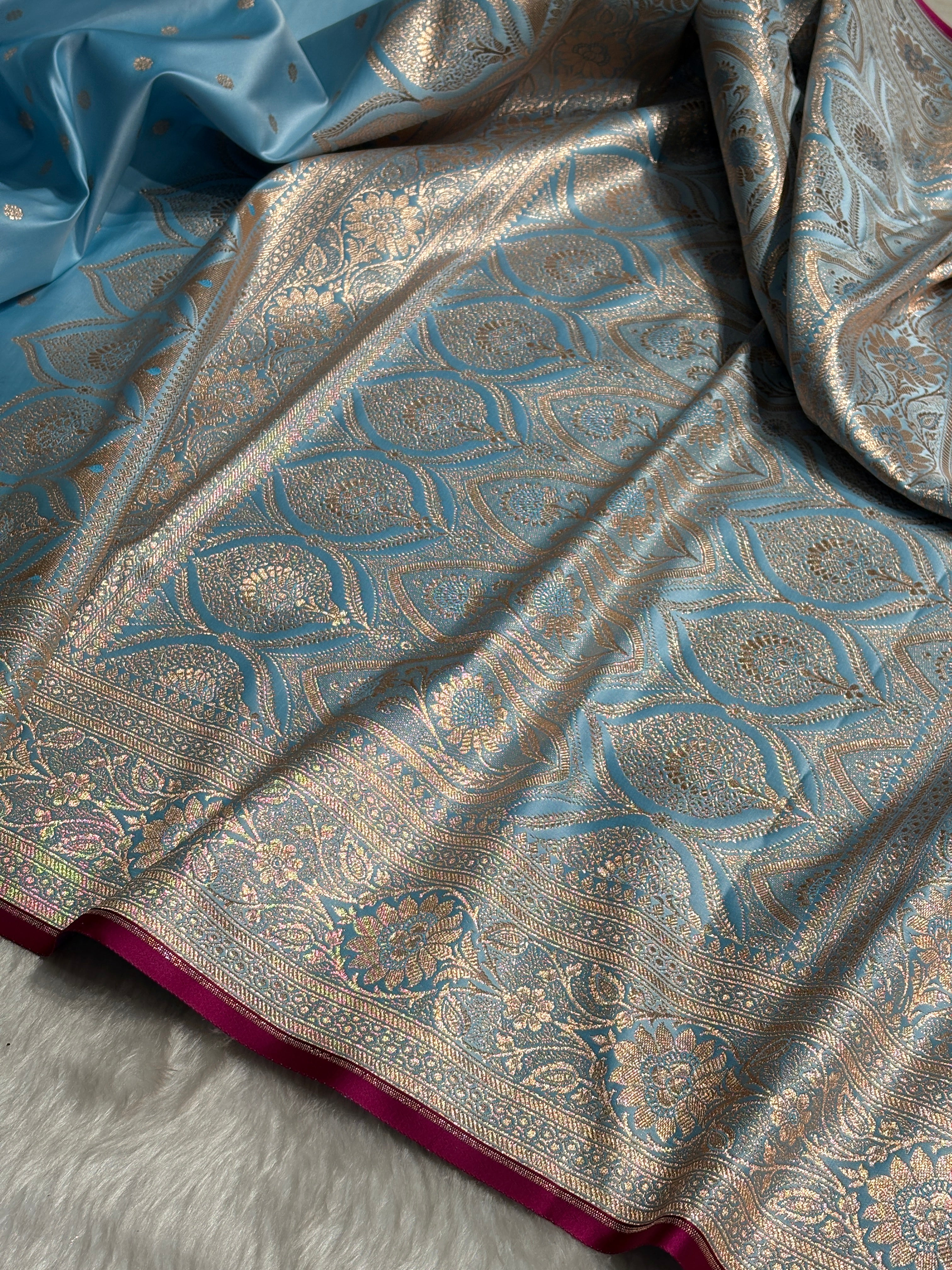 Sky Blue Booti Satin katan Silk Saree SK11