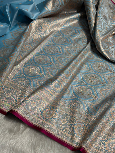 Sky Blue Booti Satin katan Silk Saree SK11