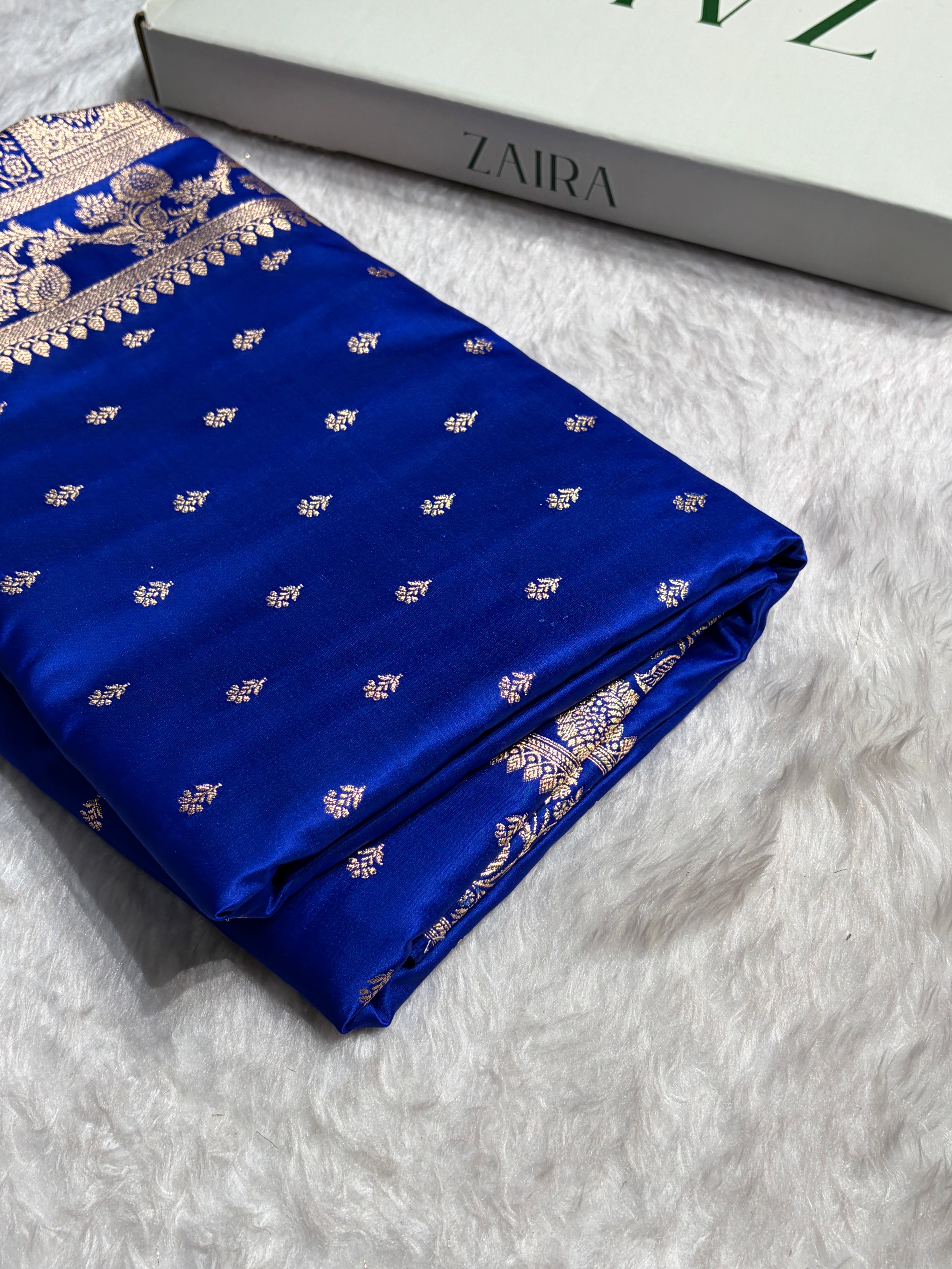Royal Blue Floral Pattern Satin Katan Silk Saree SK77
