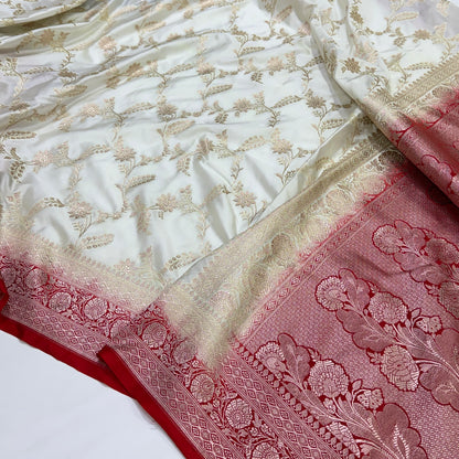 White - Red Border Banarasi Jaal Mashru Silk Saree