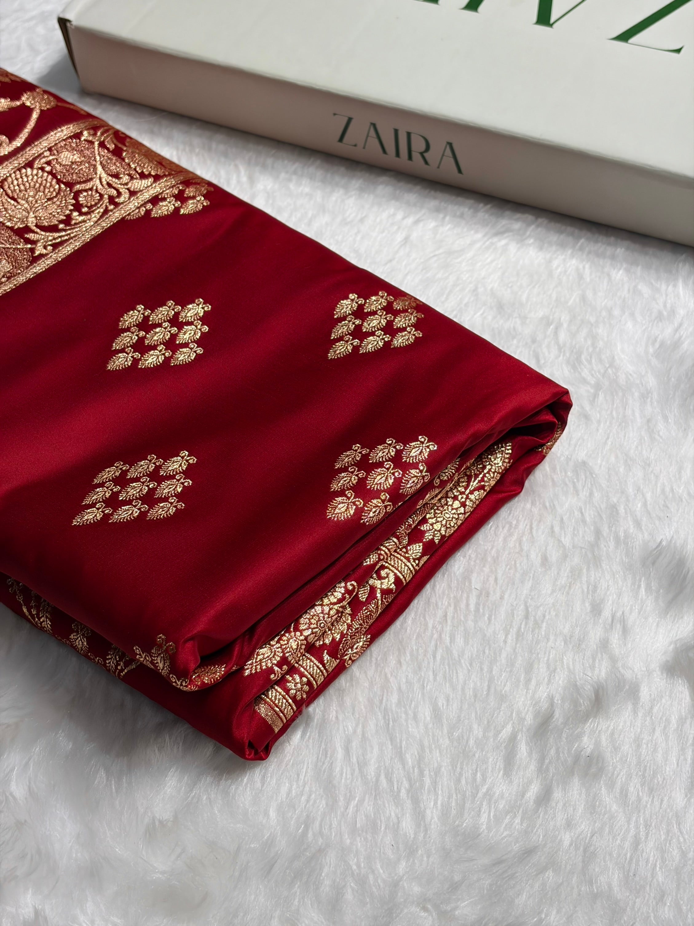 Red Floral Boota Satin Katan Silk saree SK34