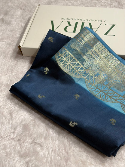 Banarasi Navy Blue With Firozi Contrast Shade Flower Boota Pure Caramel Mango Silk Saree CS-18