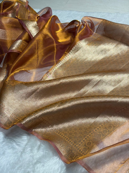 Copper Shades Pure Tissue Silk Saree with Brocade Blouse PT-09